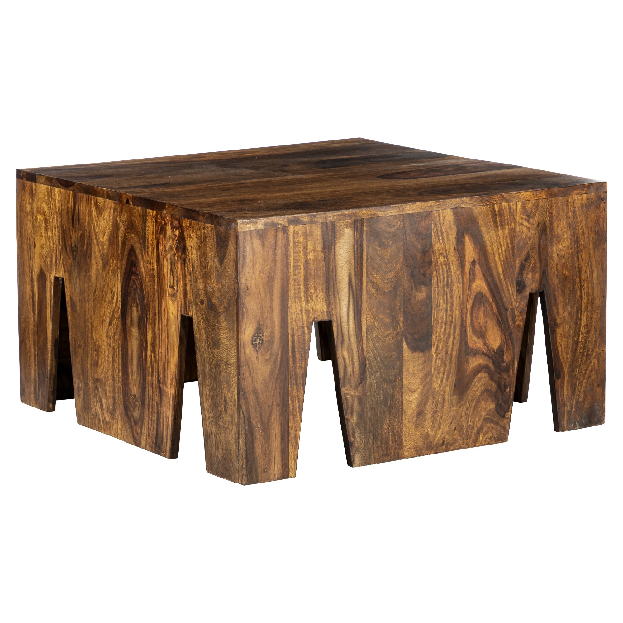 Quadratischer Holztisch mit ausgefrästen Seiten und dunkler Holzmaserung.