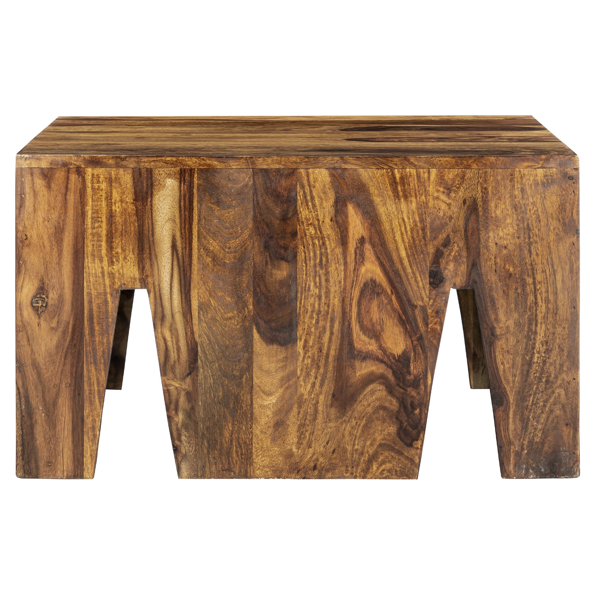 Holztisch mit rechteckiger Form und offenen Seiten.