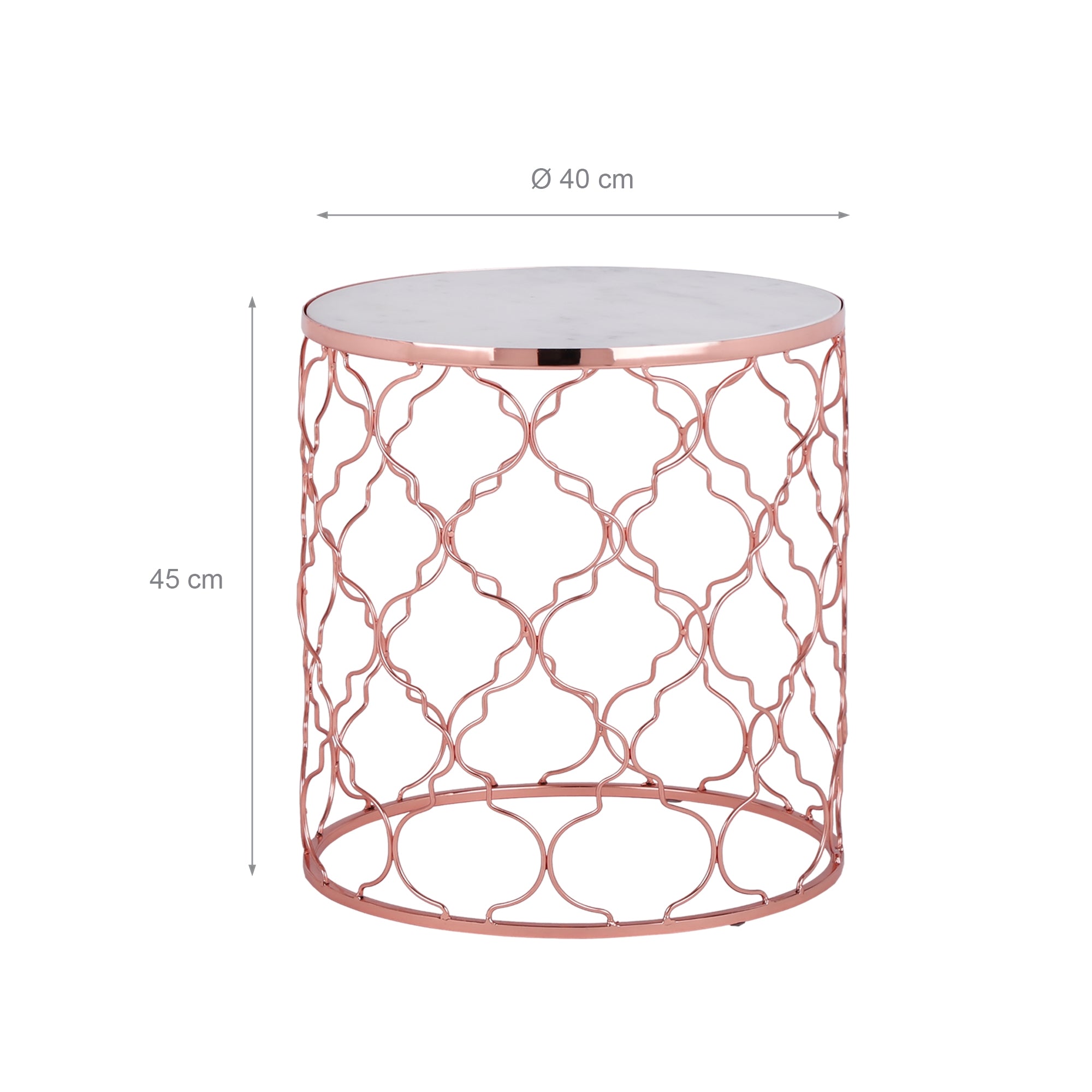 Table ronde avec un cadre métallique et un plateau de table marbré, hauteur 45 cm, diamètre 40 cm.