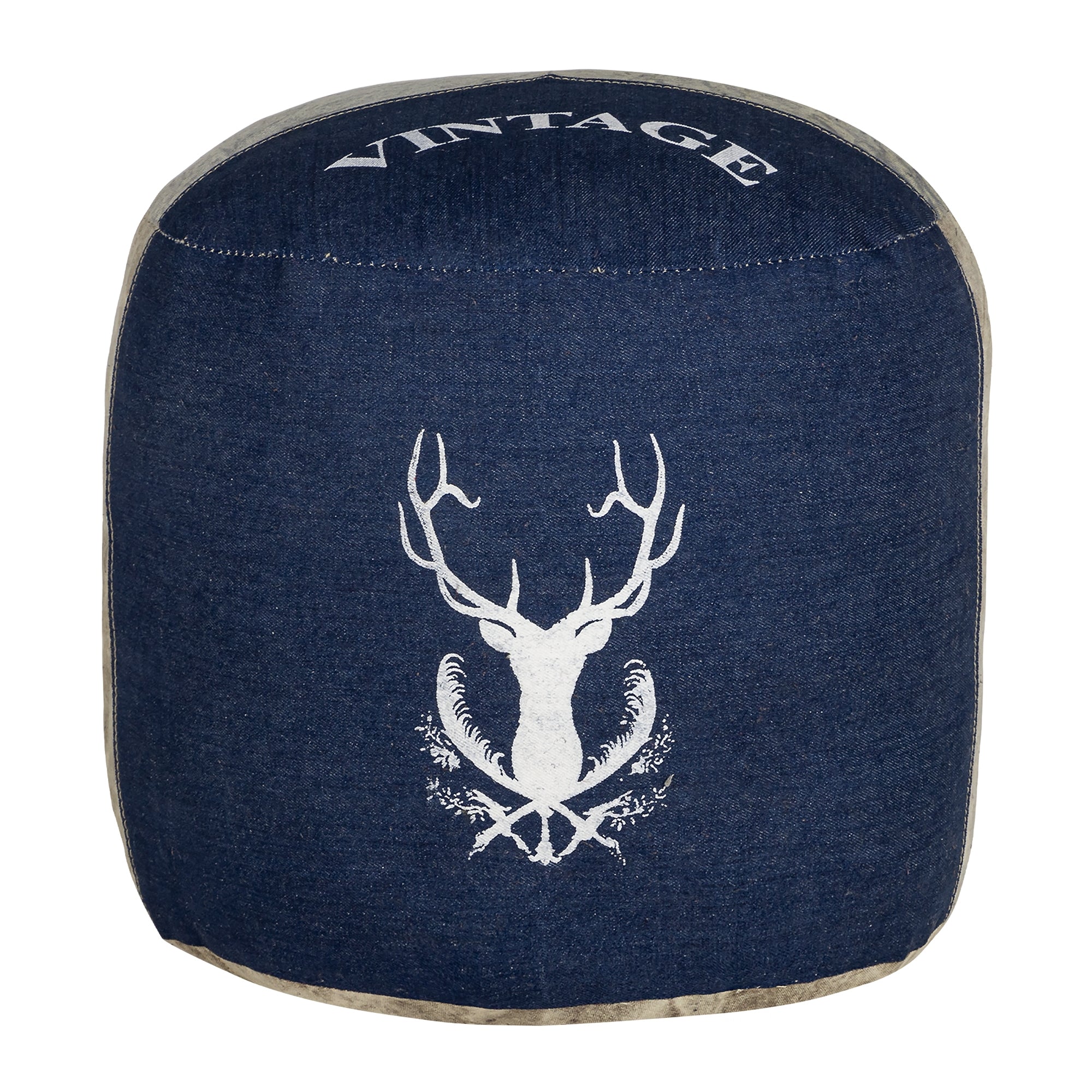 Ein runder Pouf aus Jeansstoff mit einem Hirschmotiv und dem Schriftzug 'VINTAGE'.