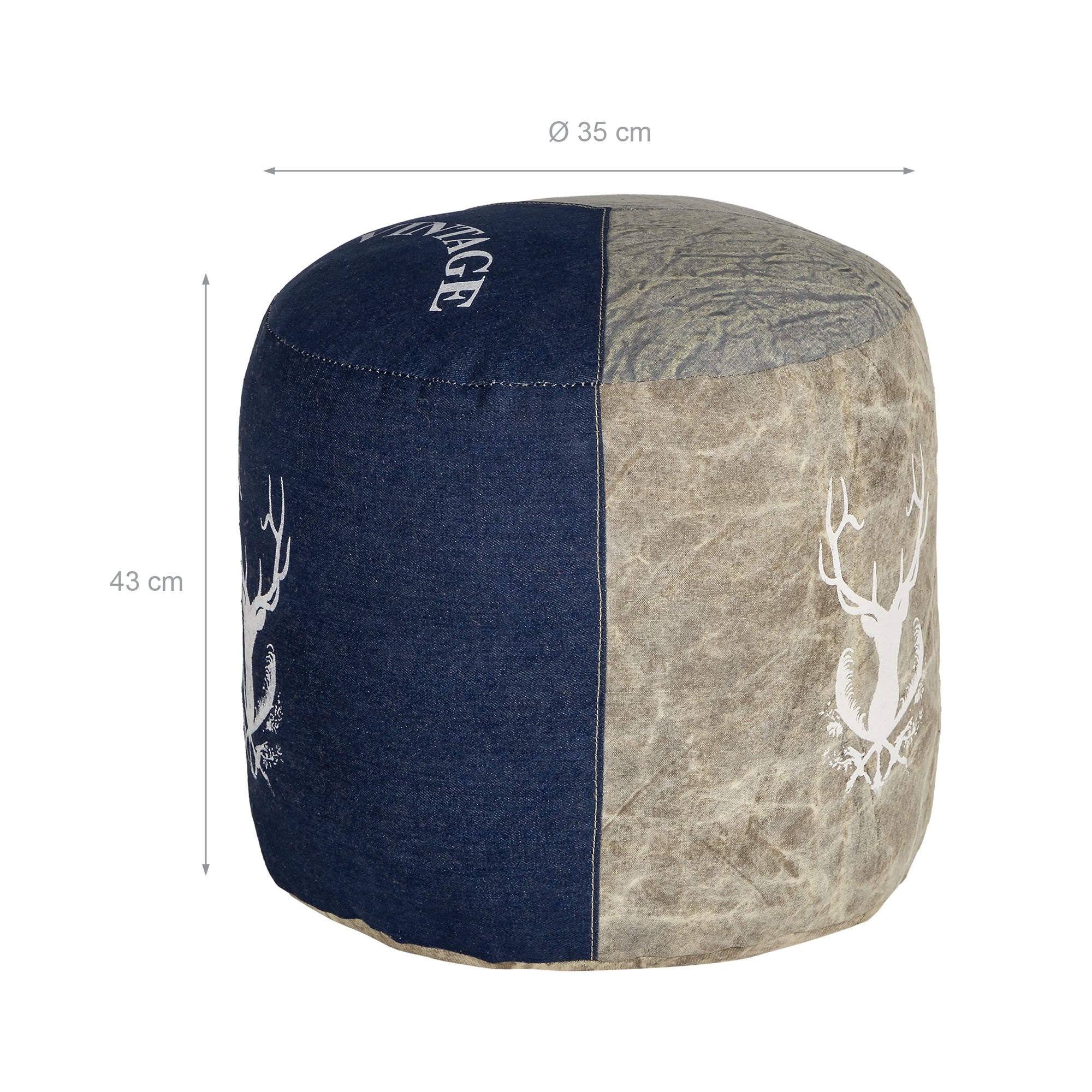 En rund pouf med forskellige stoffer, diameter 35 cm, højde 43 cm.