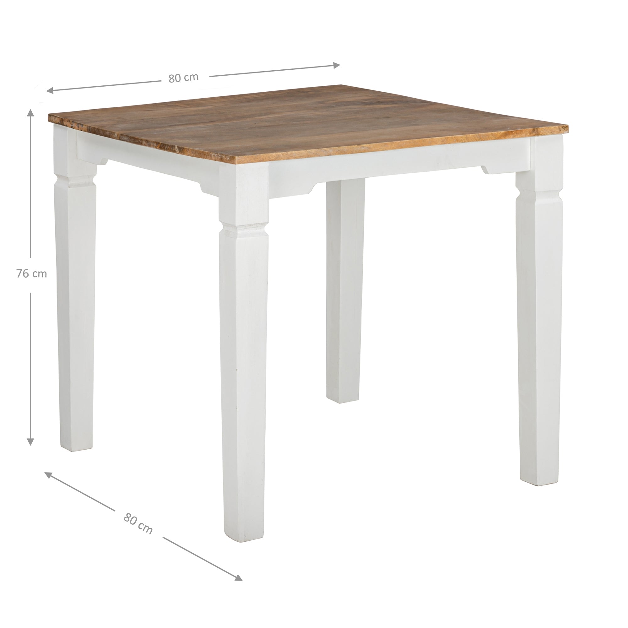 Mesa de madera con cuatro patas, medidas 80 cm x 76 cm.