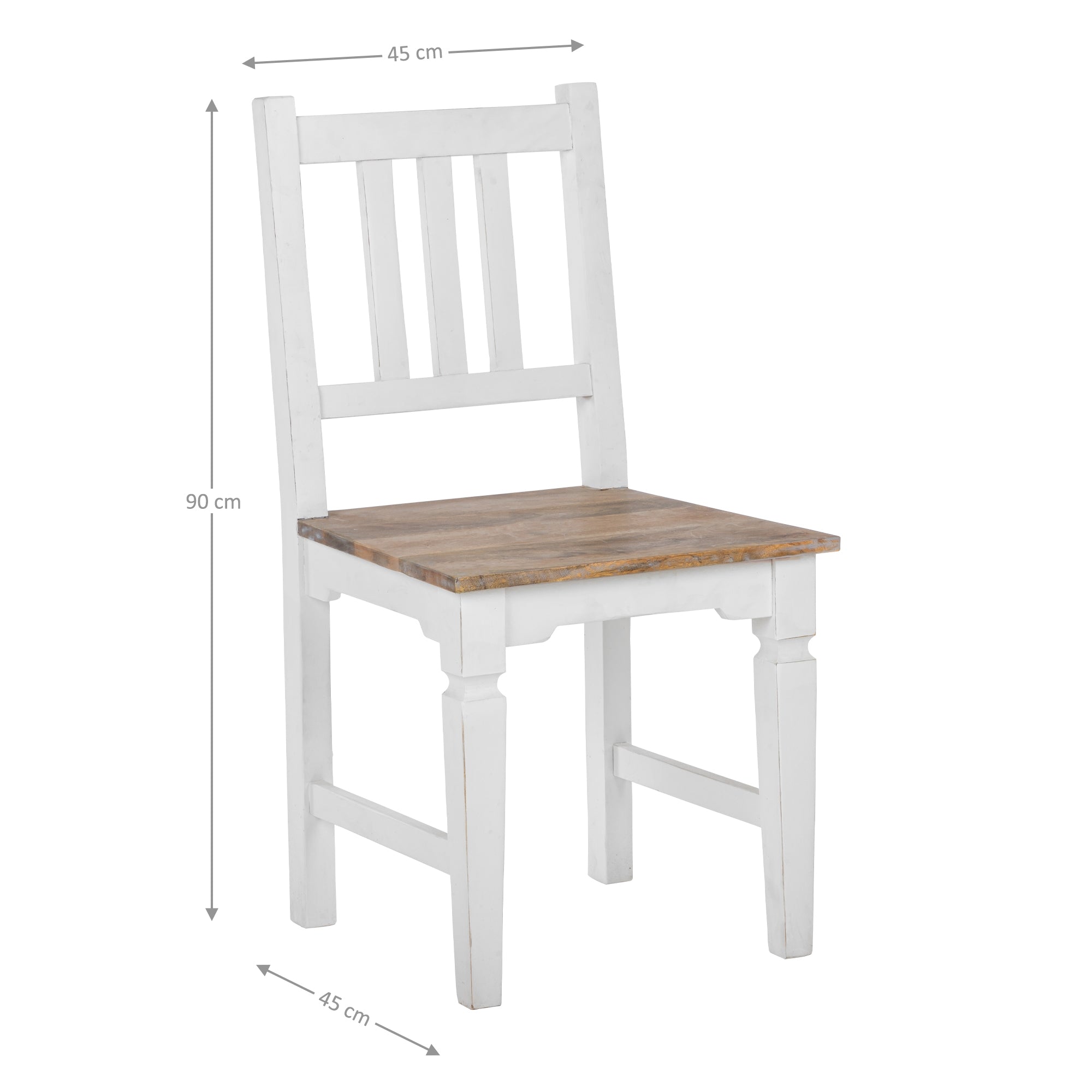 Una silla blanca con asiento de madera y medidas en la imagen.