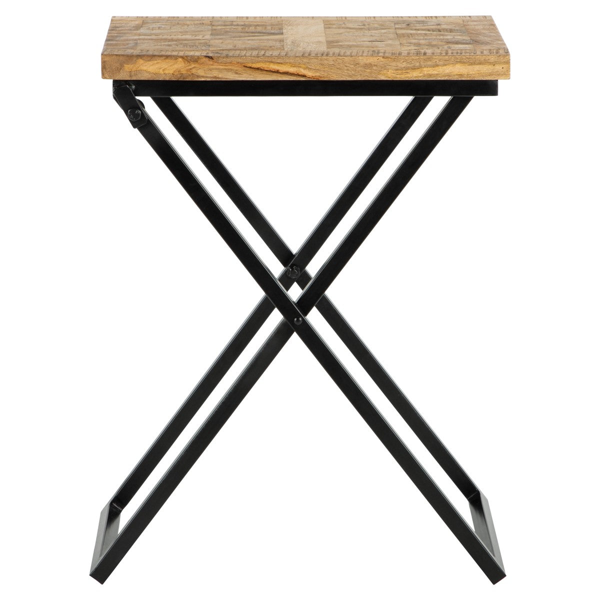 Tavolo pieghevole con piano in legno e struttura nera.