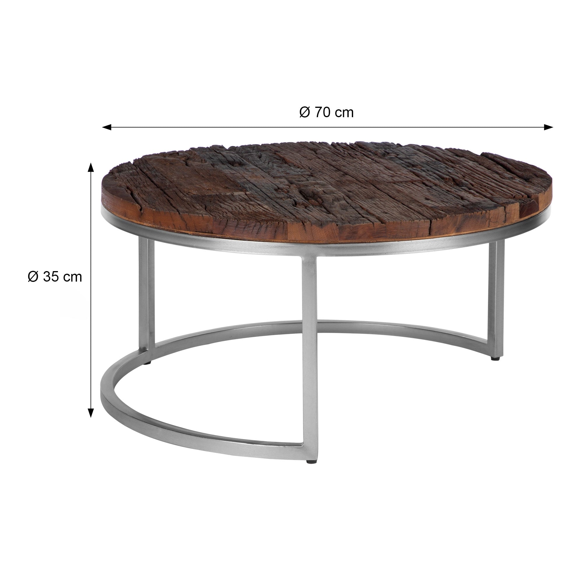 Runder Couchtisch mit Holzplatte und metallischem Gestell.