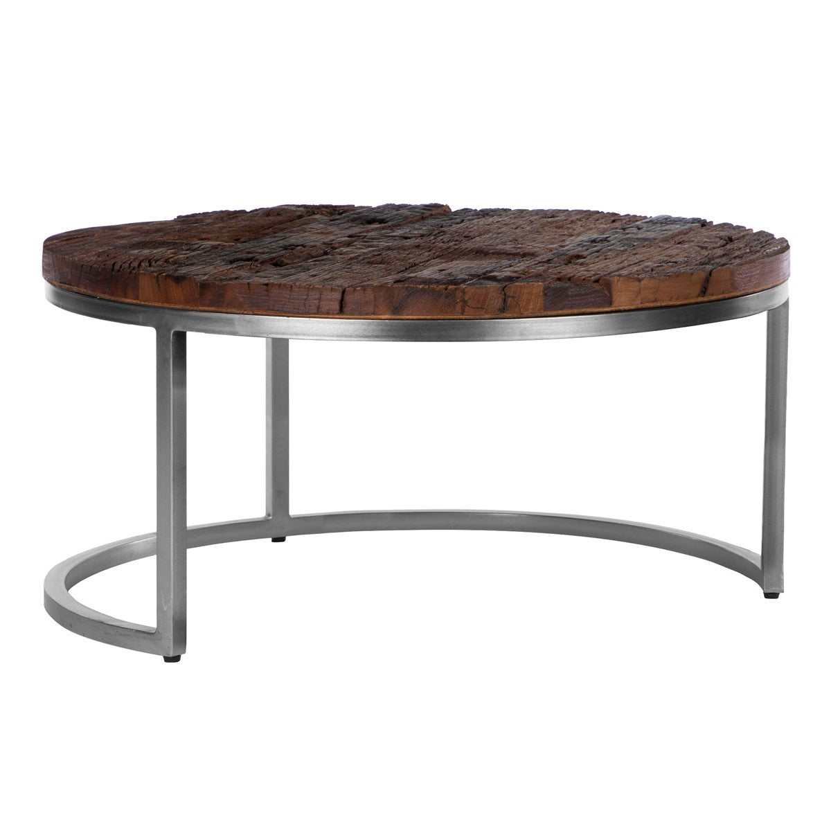 Round wooden table with a metal frame on a white background.