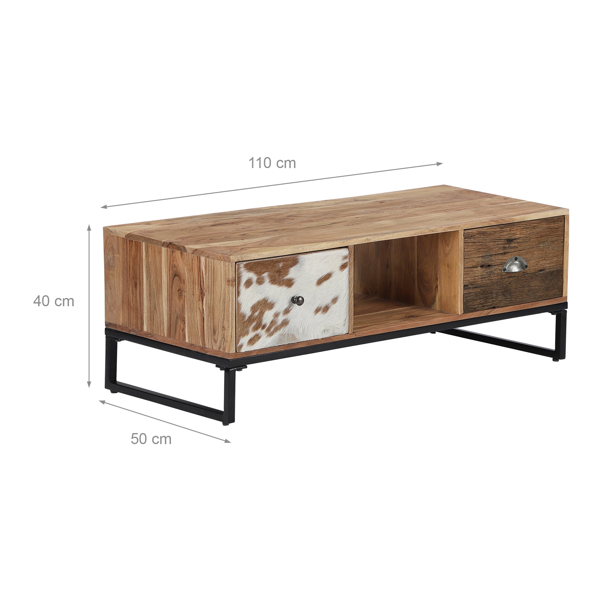 Holztisch mit Schublade und offenen Fächern, Maße angegeben.