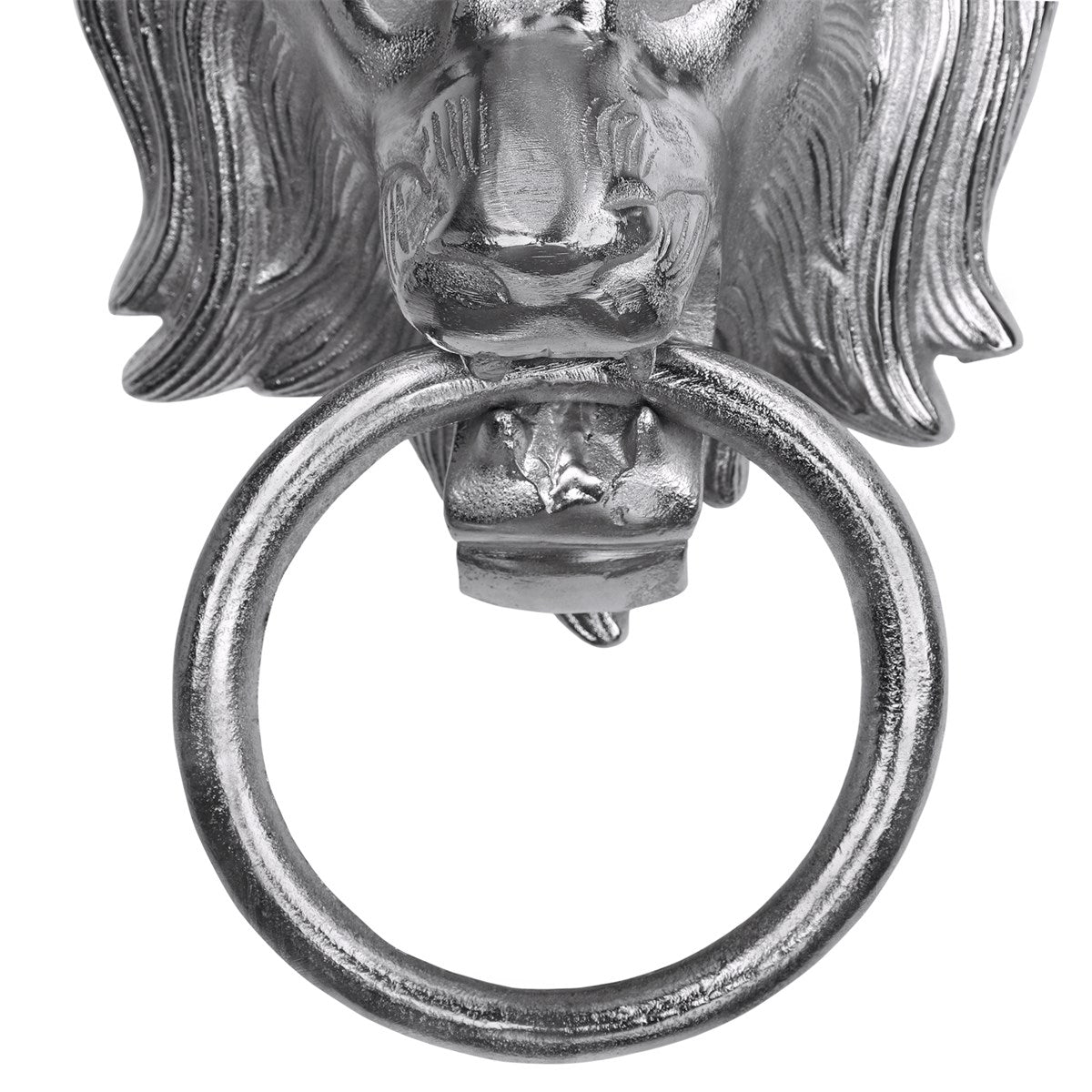 Metallischer Türklopfer in Form eines Löwenkopfes mit Ring.