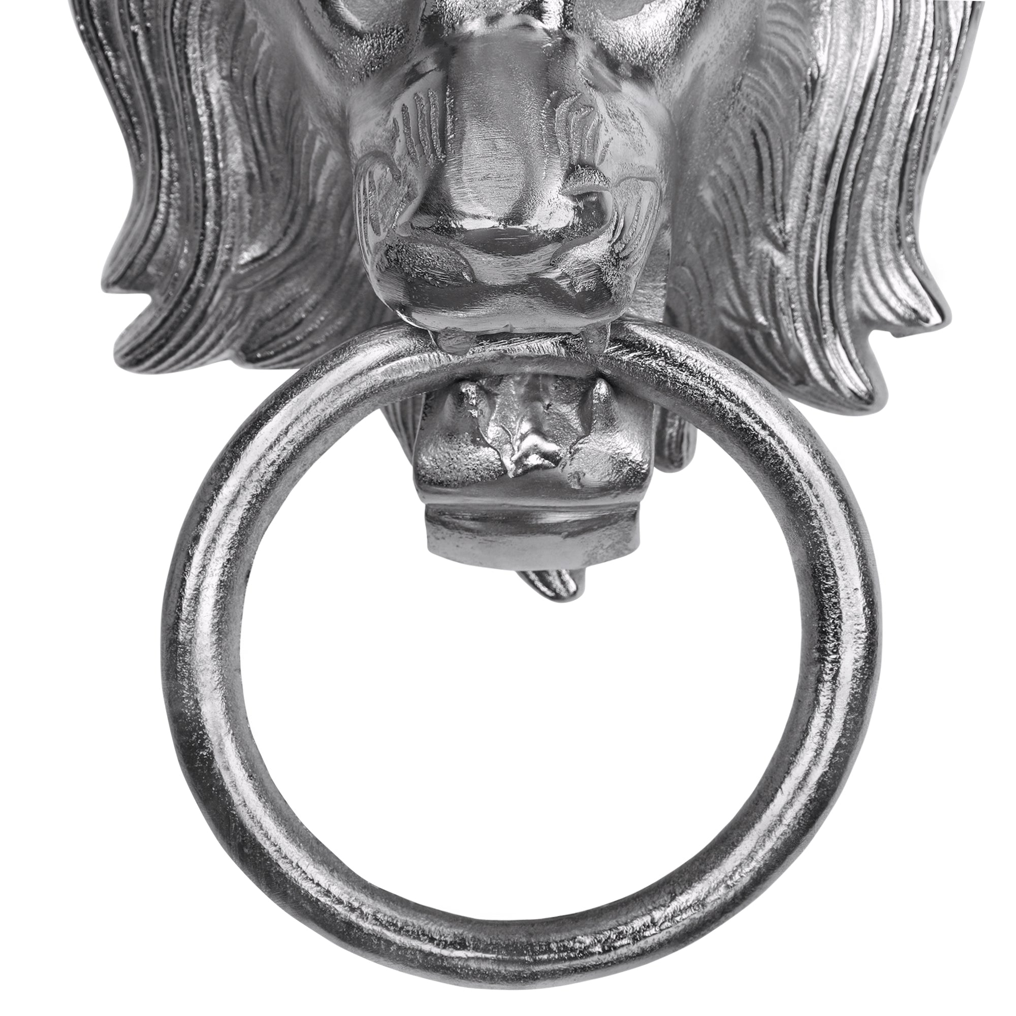Metallischer Türklopfer in Form eines Löwenkopfes mit Ring.