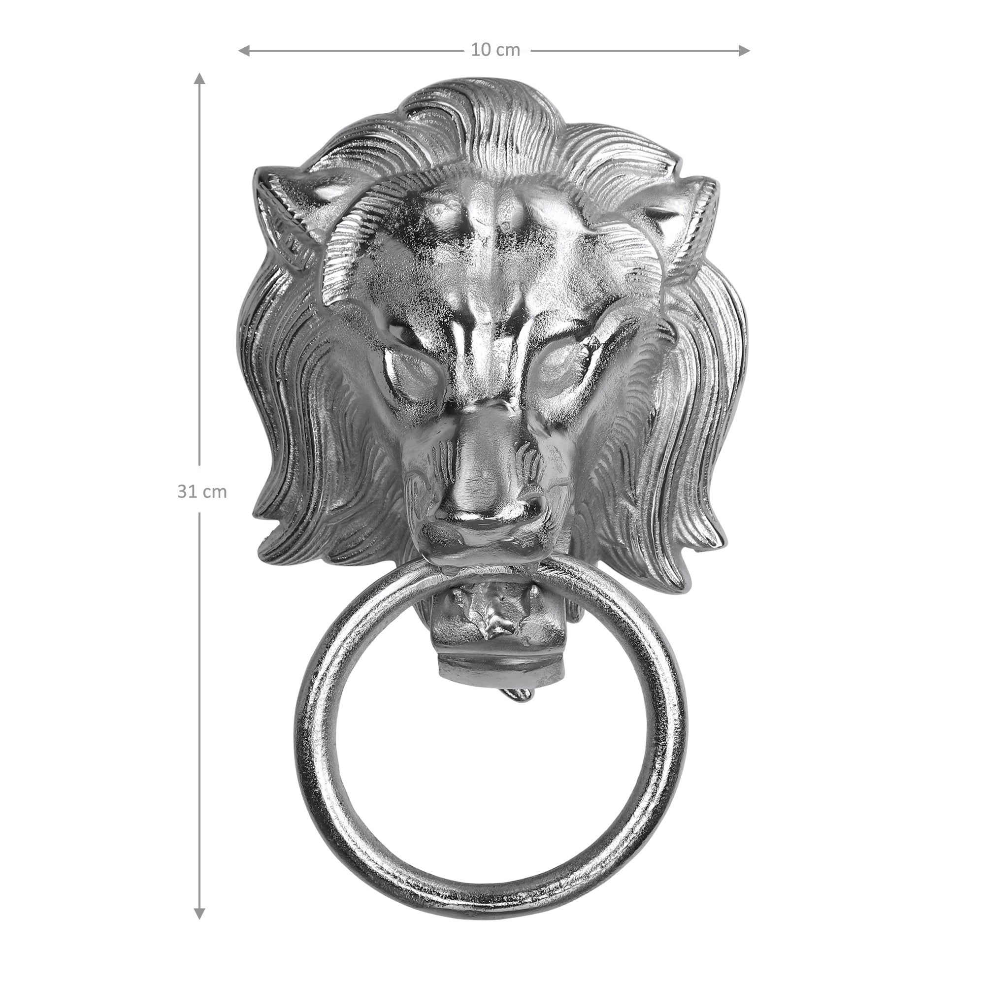 Türklopfer in Form eines Löwenkopfes aus Metall, mit Ring.