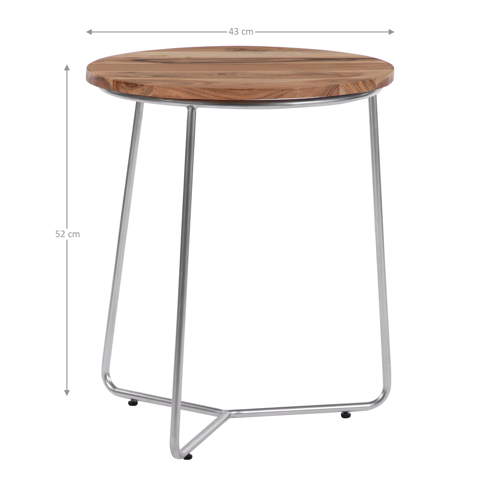 Runder Holztisch mit Metallgestell, Höhe 52 cm, Durchmesser 43 cm.