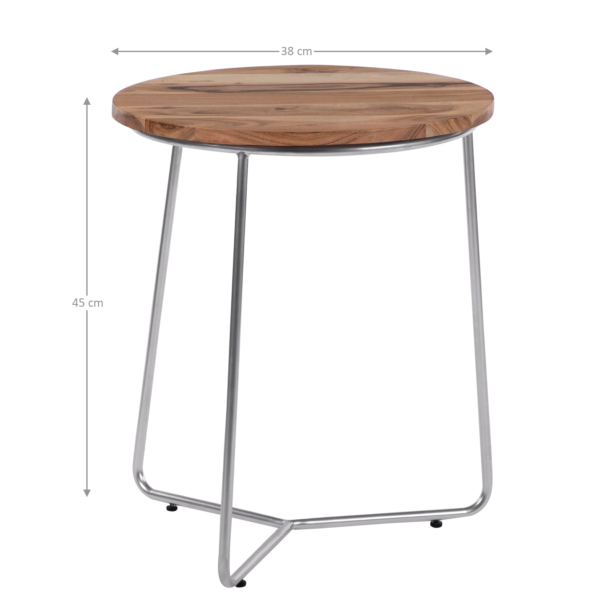 Runder Holztisch mit Metallgestell, Höhe 45 cm, Durchmesser 38 cm.