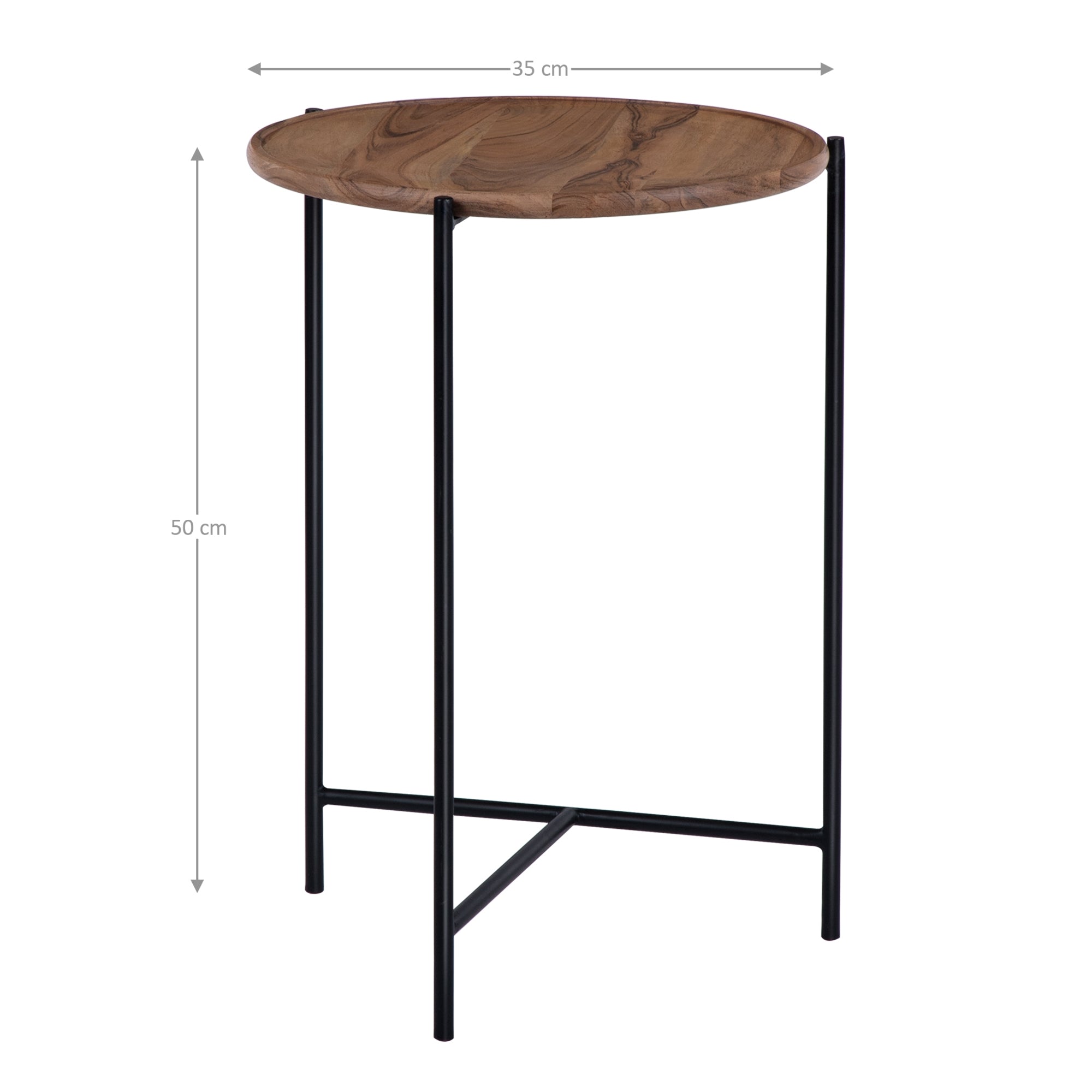 Kleiner runder Tisch mit Holzplatte und schwarzem Metallgestell.