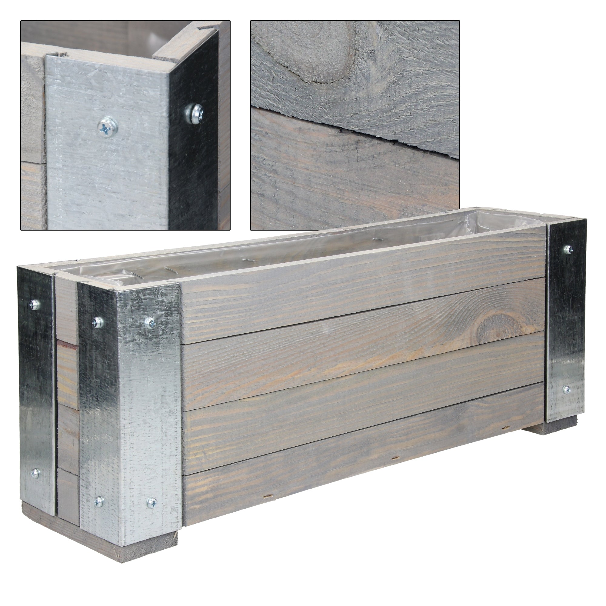 Rectangular wooden planter box with metal fittings.