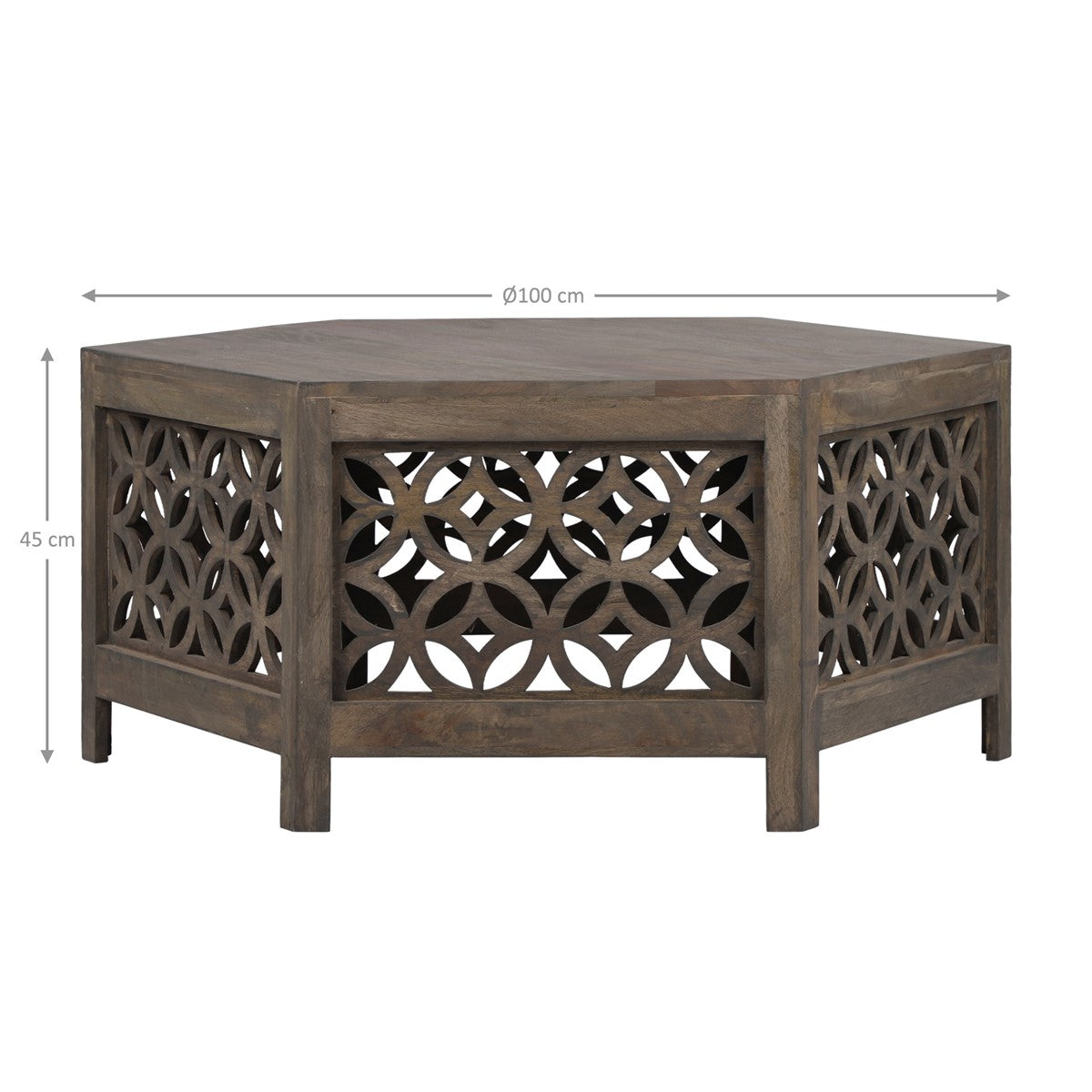 Vue de côté d’une table basse hexagonale ornée d’un motif délicat.