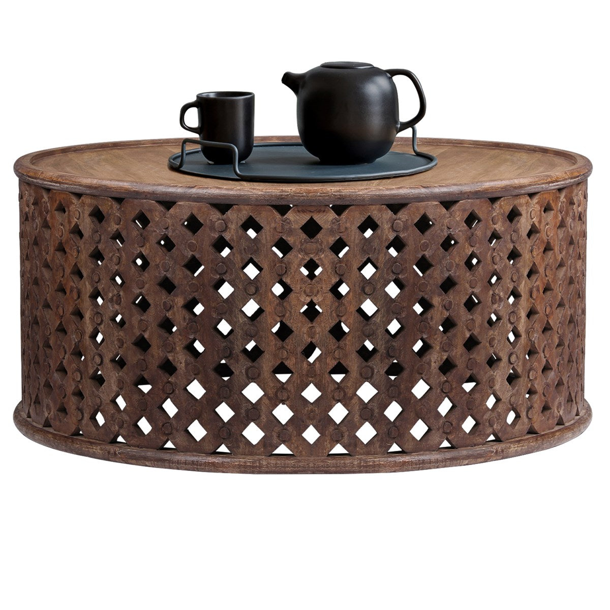 Coffee table with a black tea set on a wooden tray.