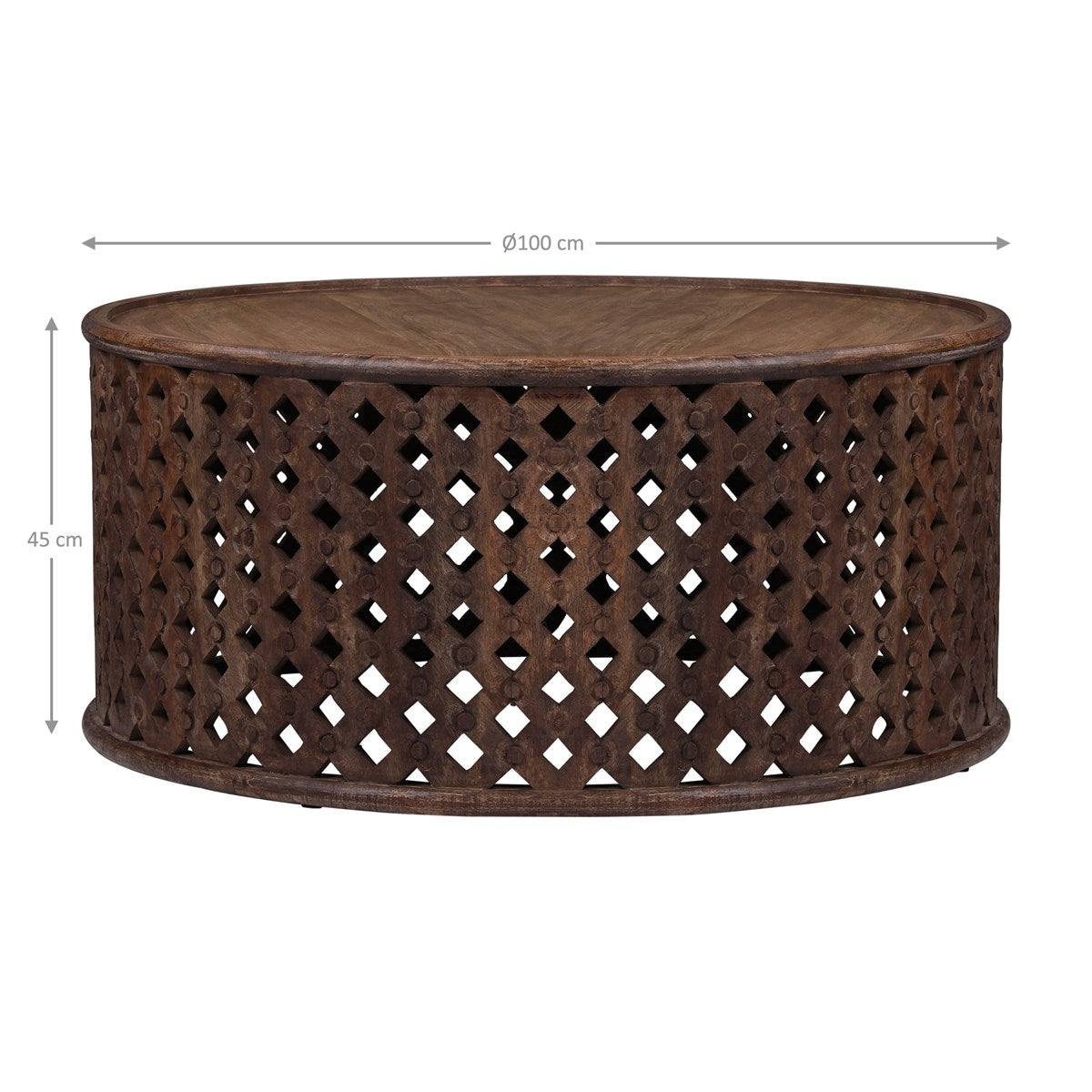 Măsuță rotundă de cafea cu dimensiuni: diametru 100 cm, înălțime 45 cm.