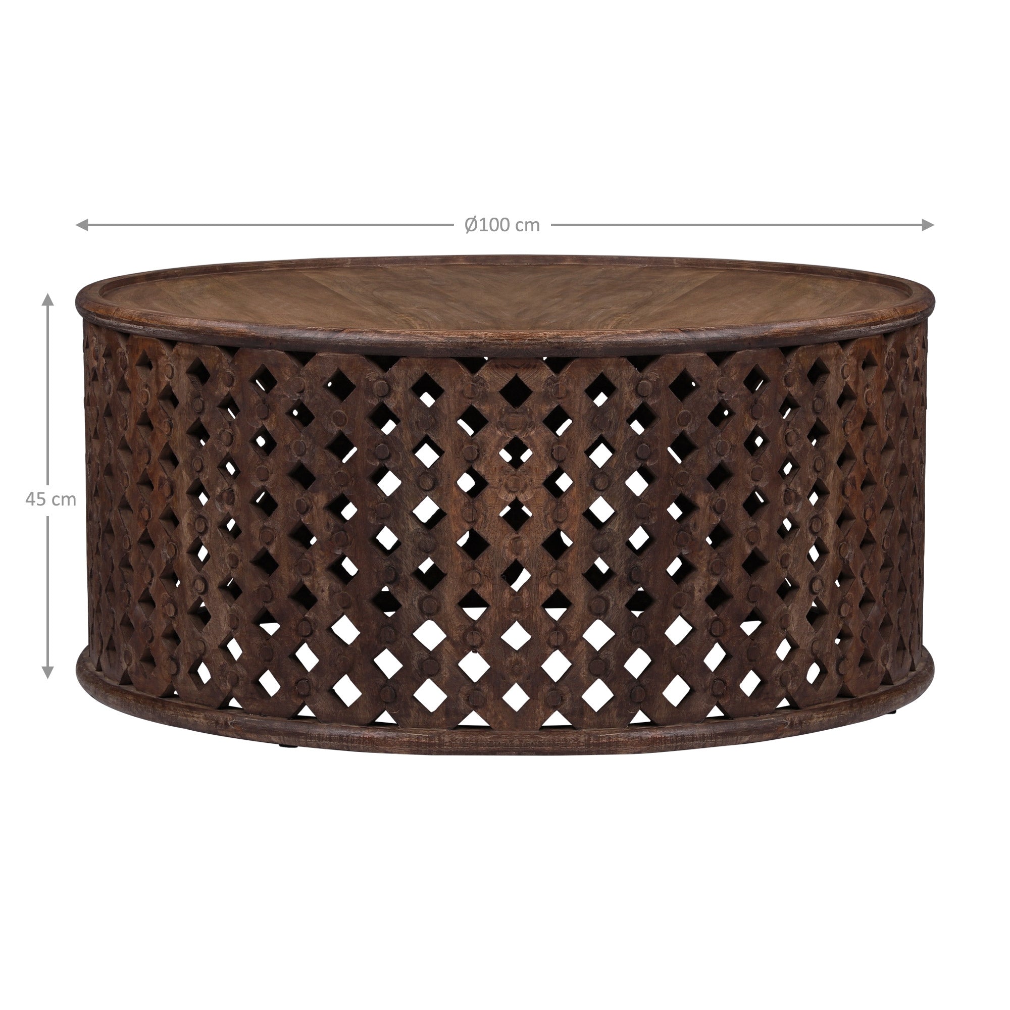 Tavolo da caffè rotondo con misure, diametro 100 cm, altezza 45 cm.