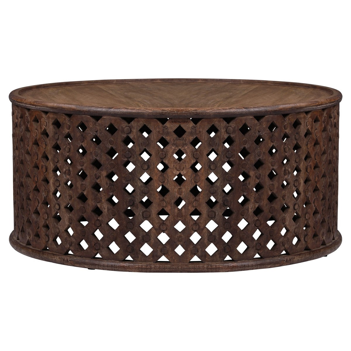 Round wooden table with an openwork pattern.