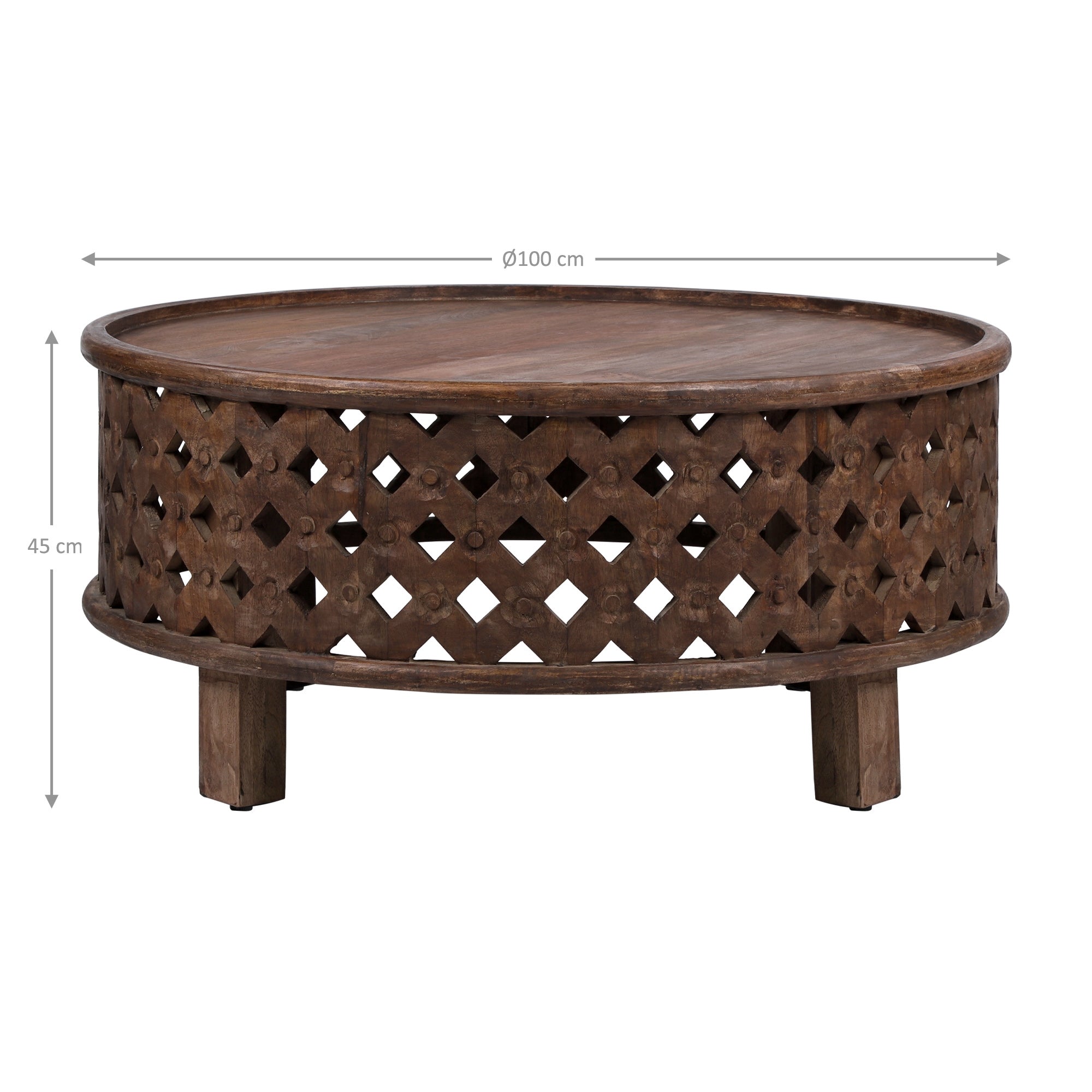 Mesa redonda marrón con estructura de rejilla y patas de madera.