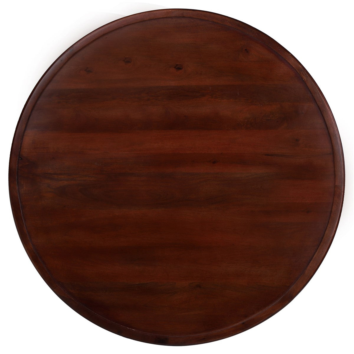 Ronde houten tafel met glad oppervlak, donkerbruin.