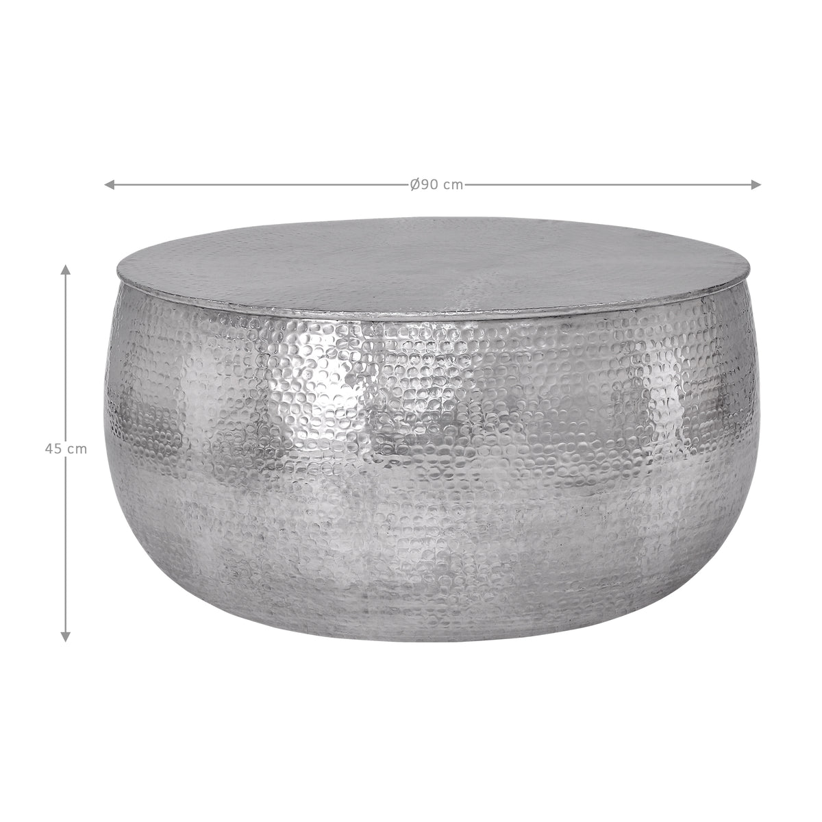 Table ronde argentée avec dimensions, surface brillante.