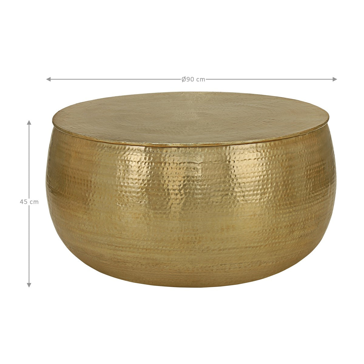 Gold-colored round table with measurements on a white surface.