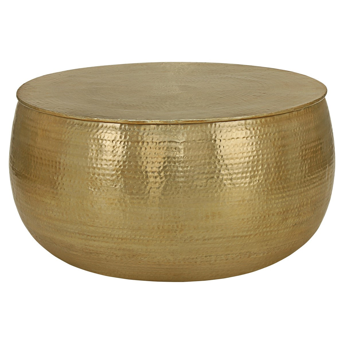 Round gold-colored table with a domed shape and smooth surface.