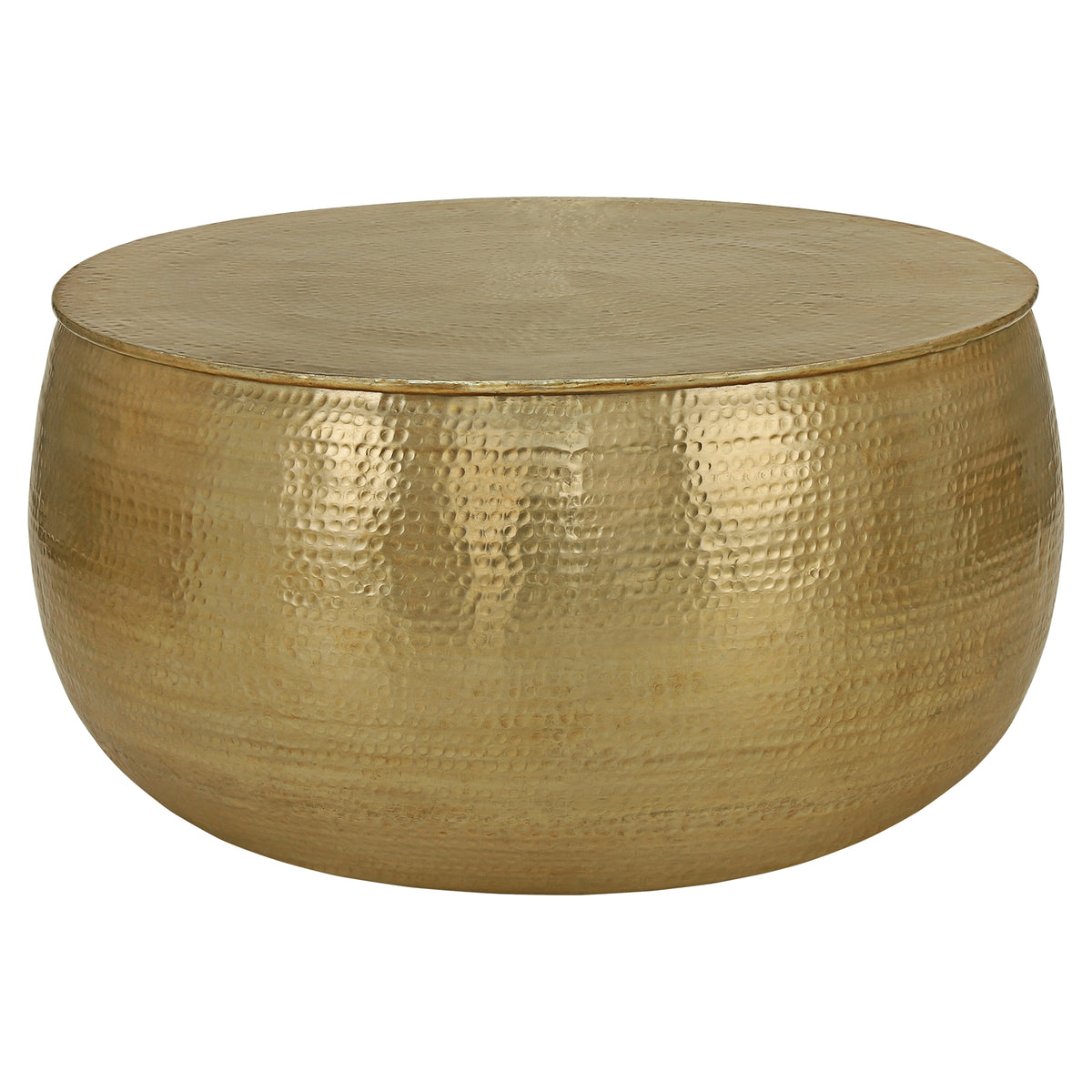 Tavolo rotondo color oro con forma curva e superficie liscia.
