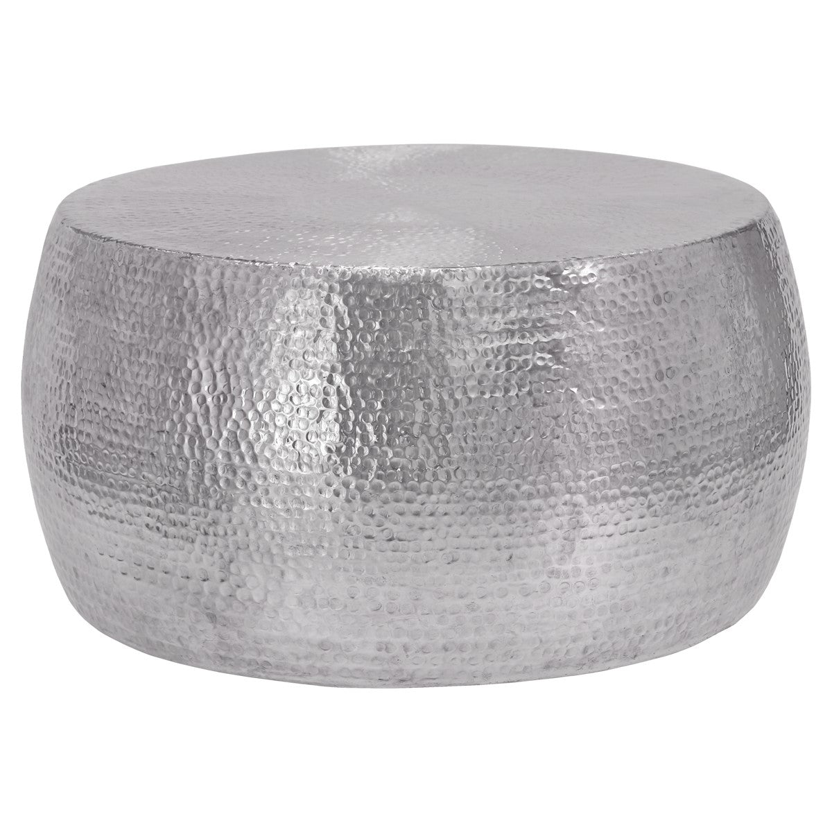 Round silver coffee table with a hammered finish.