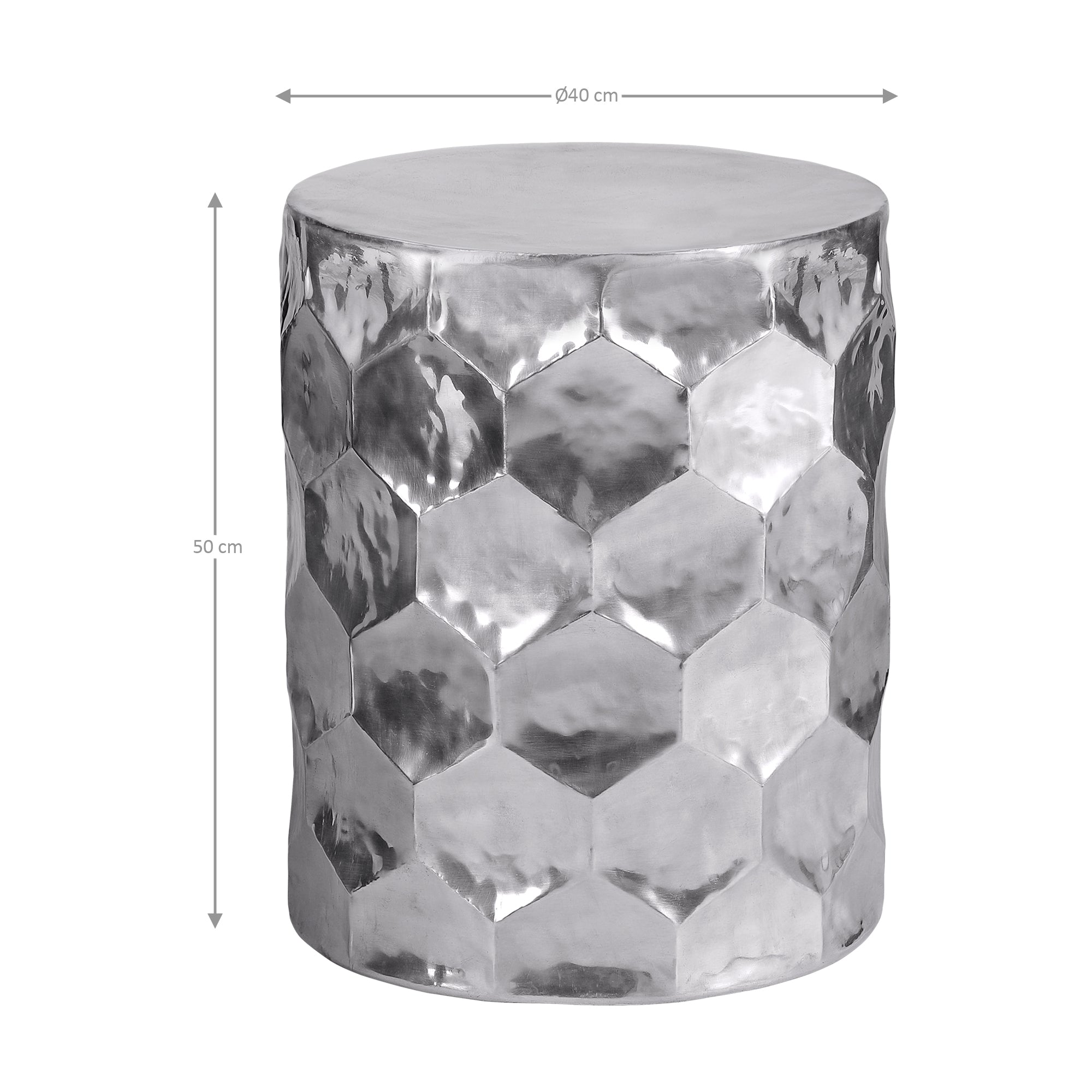 Round table with a hexagonal, shiny surface, height 50 cm, diameter 64 cm.