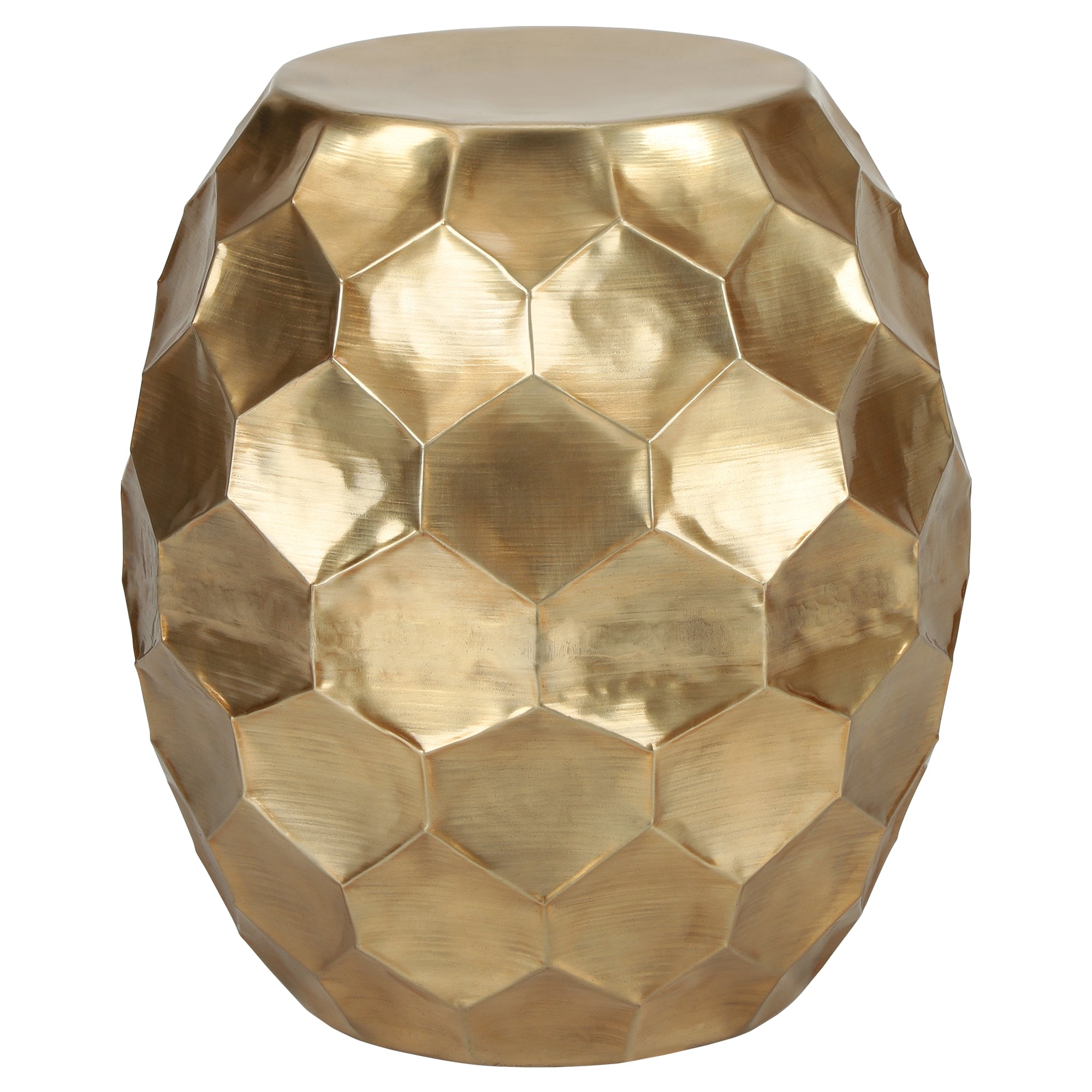 Sgabello dorato con struttura esagonale.