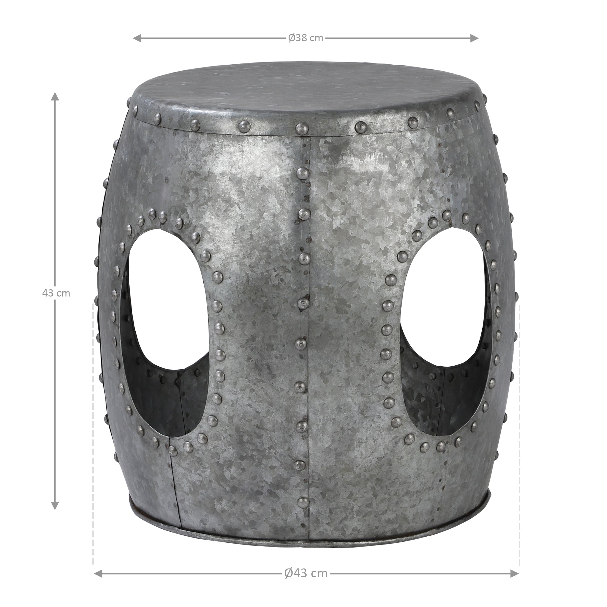 Gray metallic stool with two round openings and diameters of 43 cm and 43 cm.