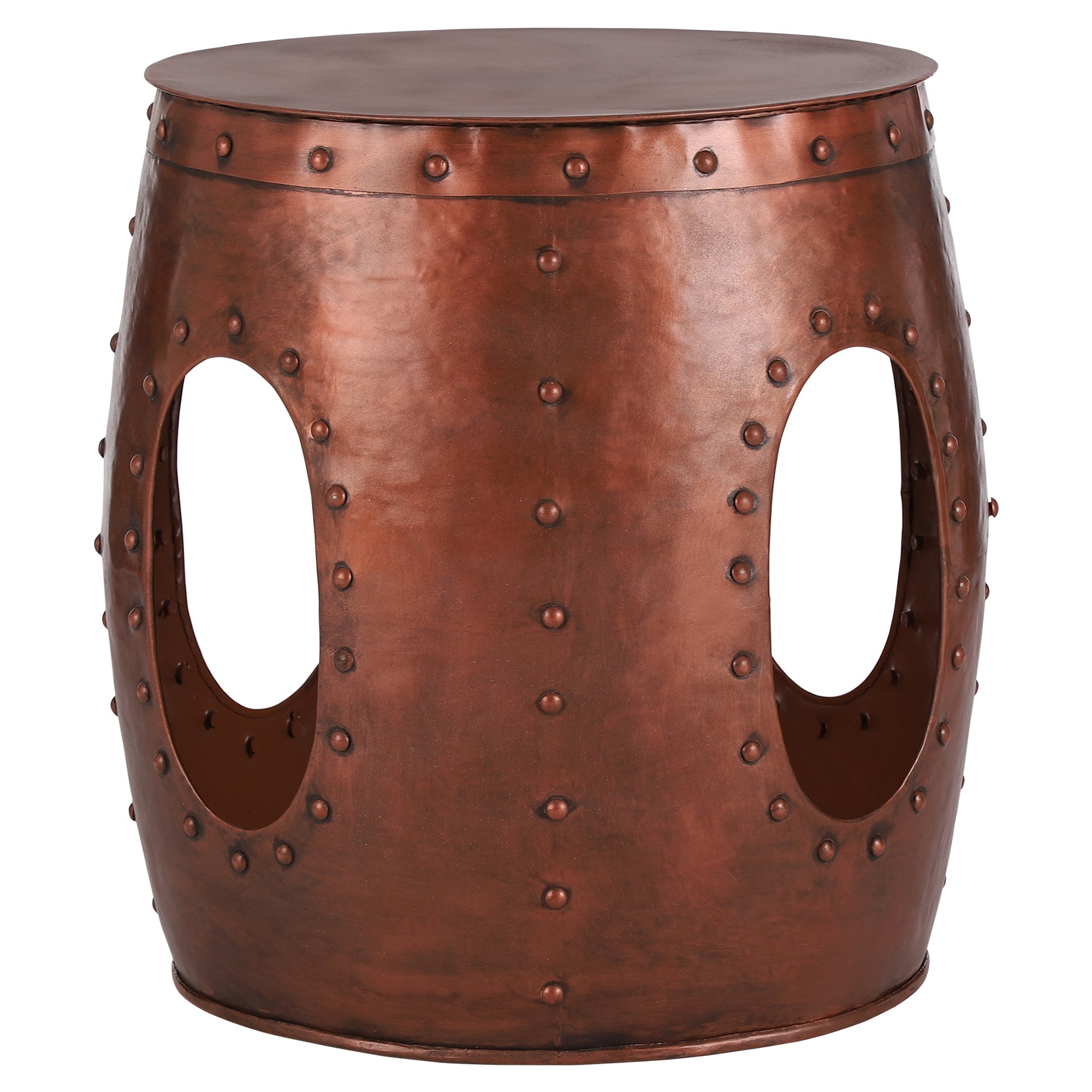 Hocker aus kupferfarbenem Metall mit runden Ausschnitten und Nieten.