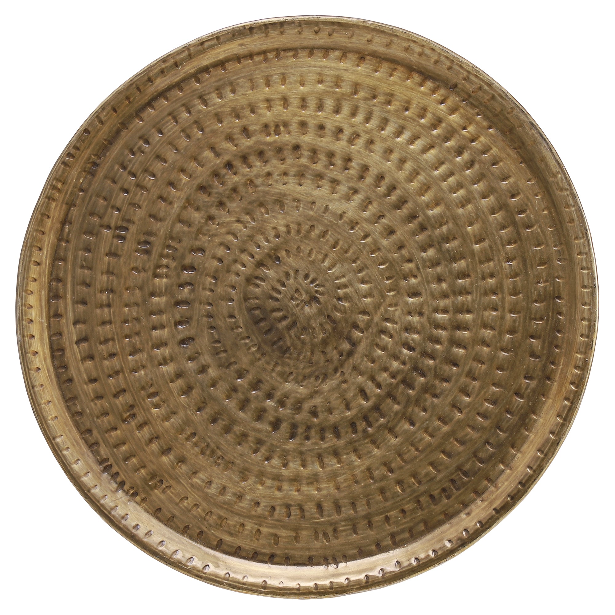 Round woven basket made of gold-colored material.