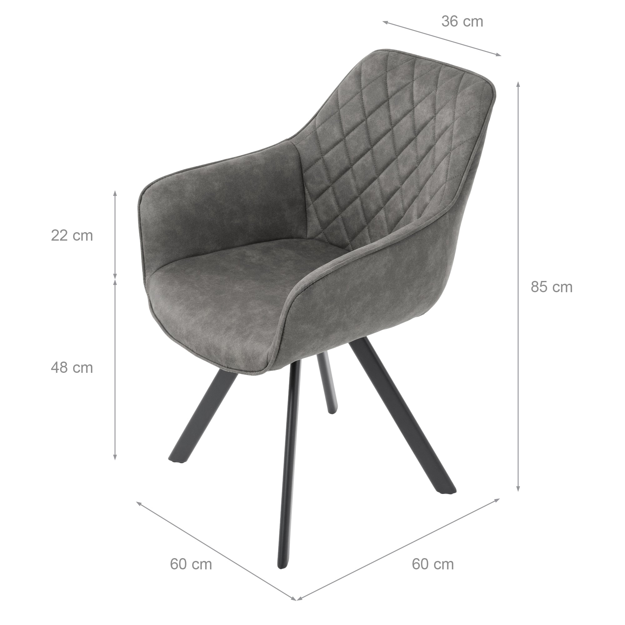 Grå stol med polstret sæde og ryg, mål: 60 cm x 85 cm.