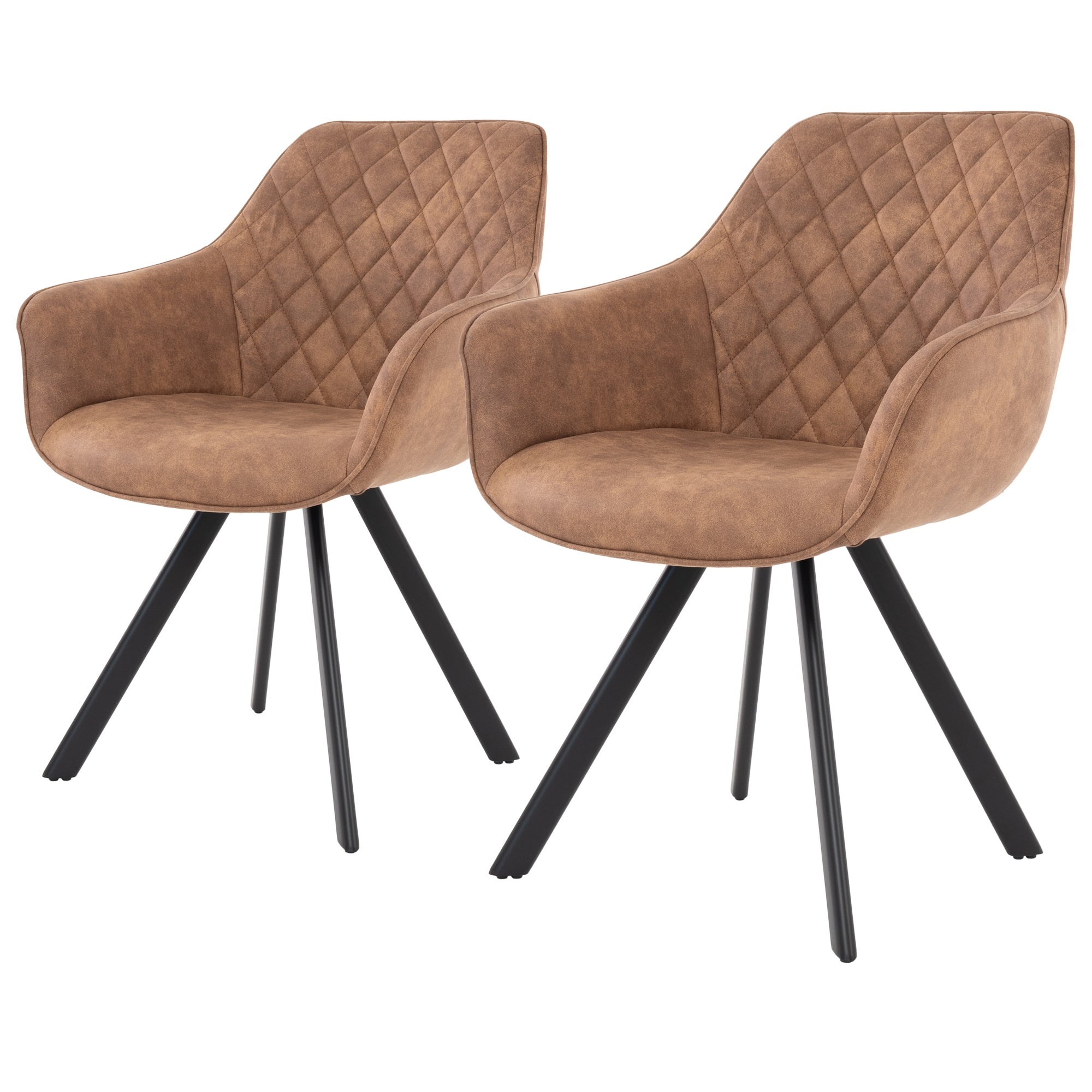 Zwei braune Stühle mit diagonalem Muster auf schwarzen Beinen.