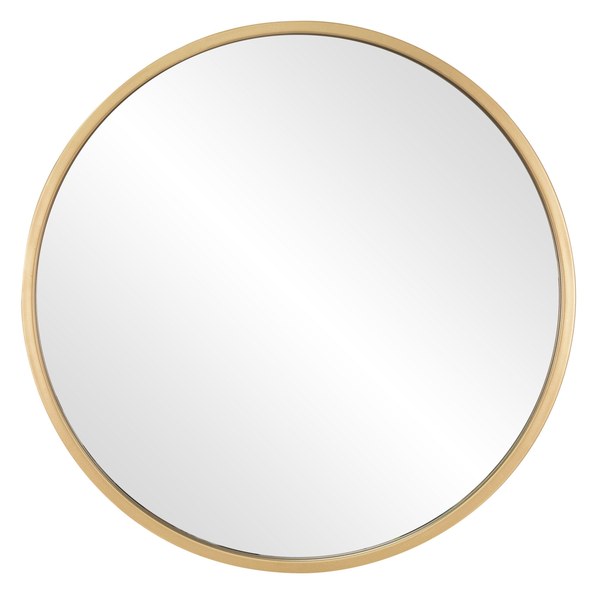 Rundt spejl med gylden ramme, reflekterer omgivelserne.