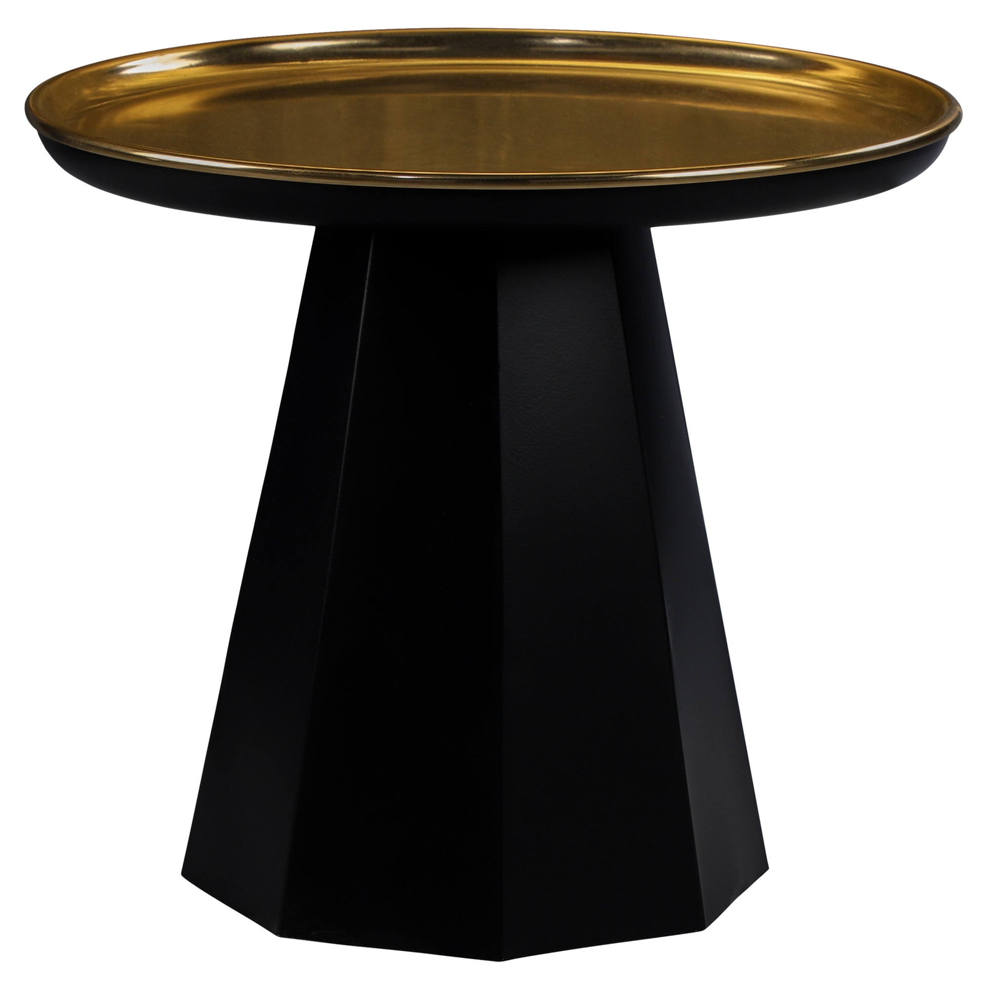 Black table with a golden, round tabletop.