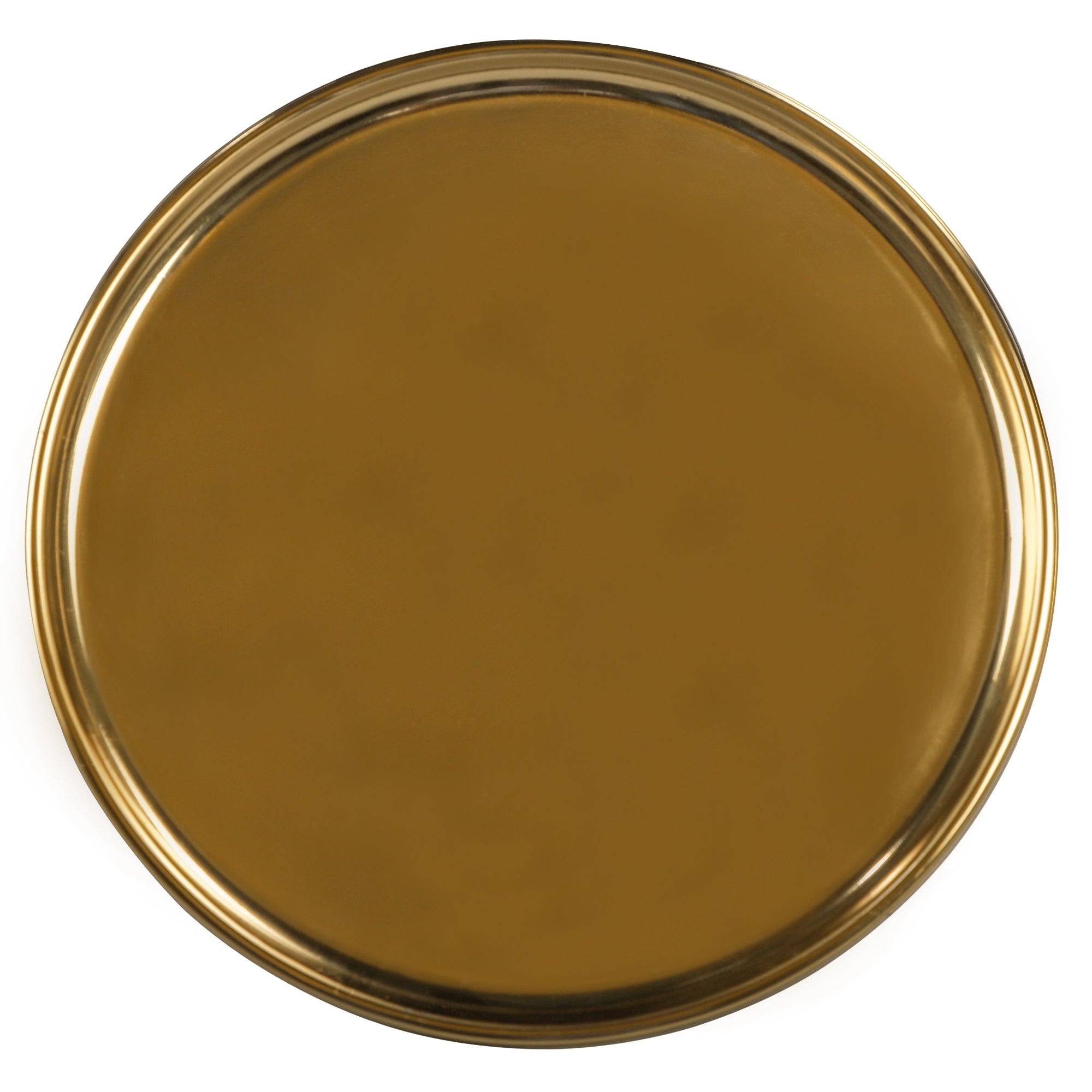 A round, gold-colored plate on a white background.