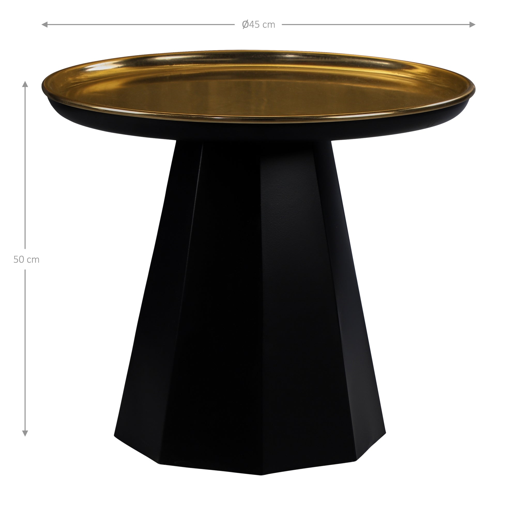 Black table with a golden surface, height 50 cm, diameter 45 cm.