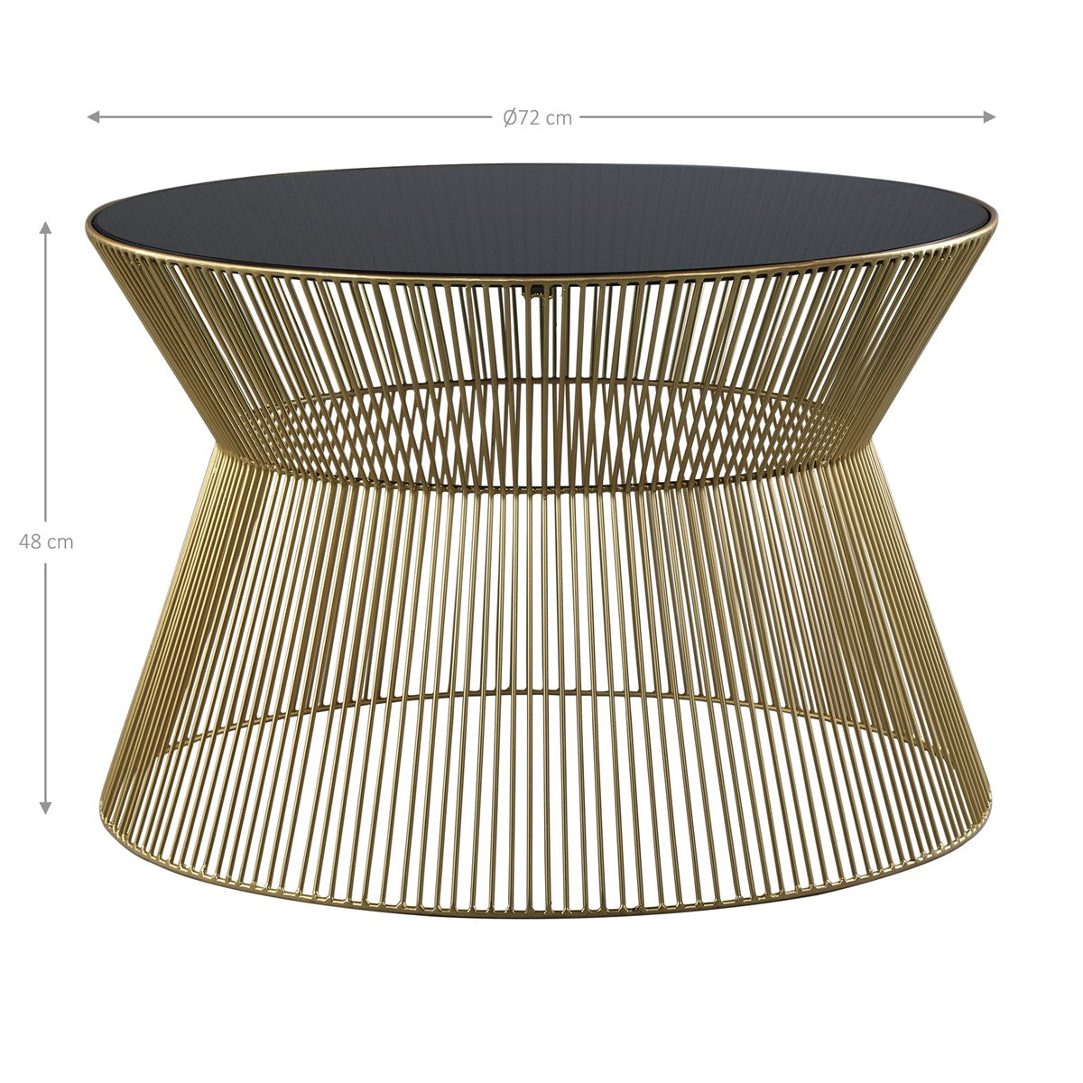 Runder Tisch mit goldenen Drahtgestell und schwarzer Tischplatte, Höhe 48 cm, Durchmesser 72 cm.