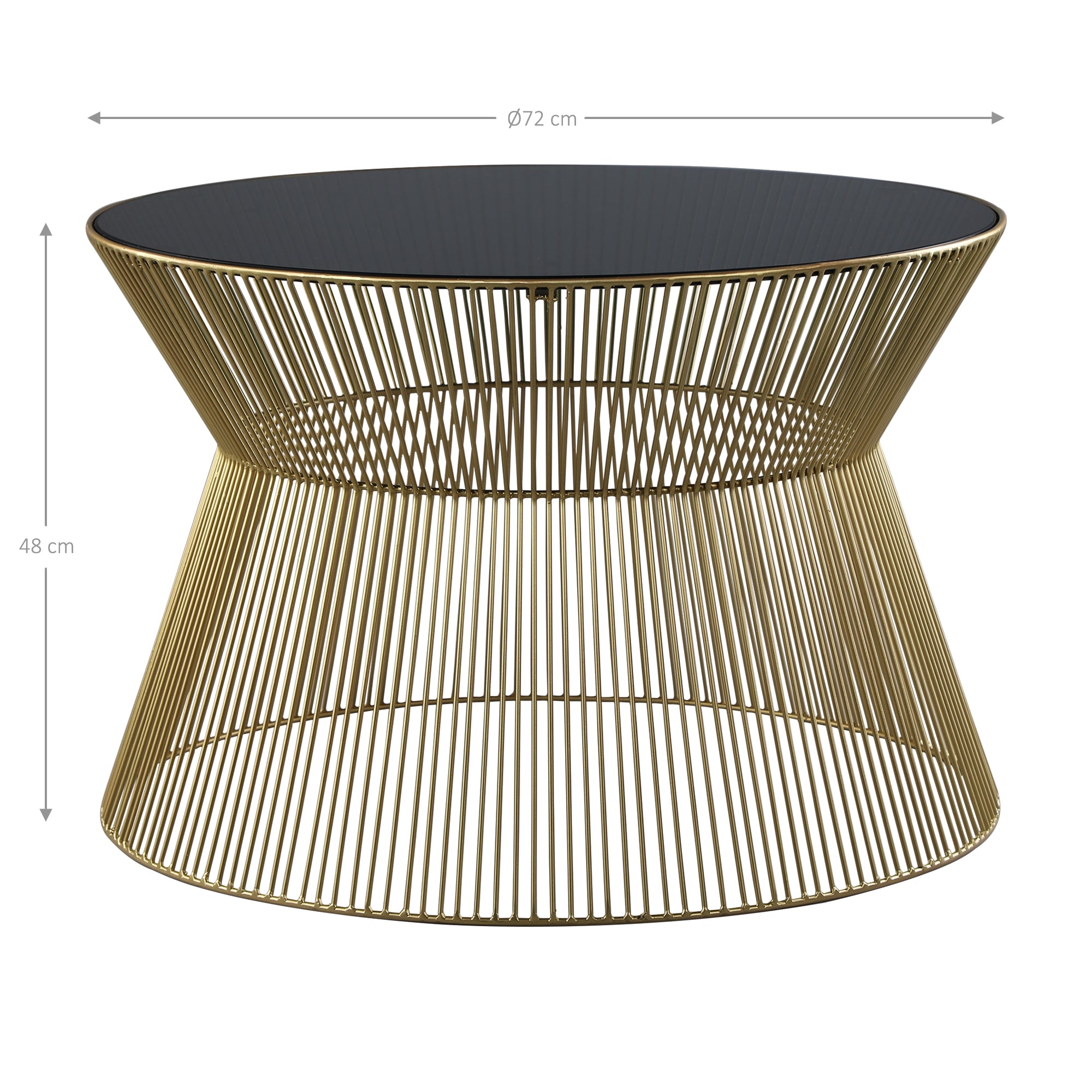 Runder Tisch mit goldenen Drahtgestell und schwarzer Tischplatte, Höhe 48 cm, Durchmesser 72 cm.