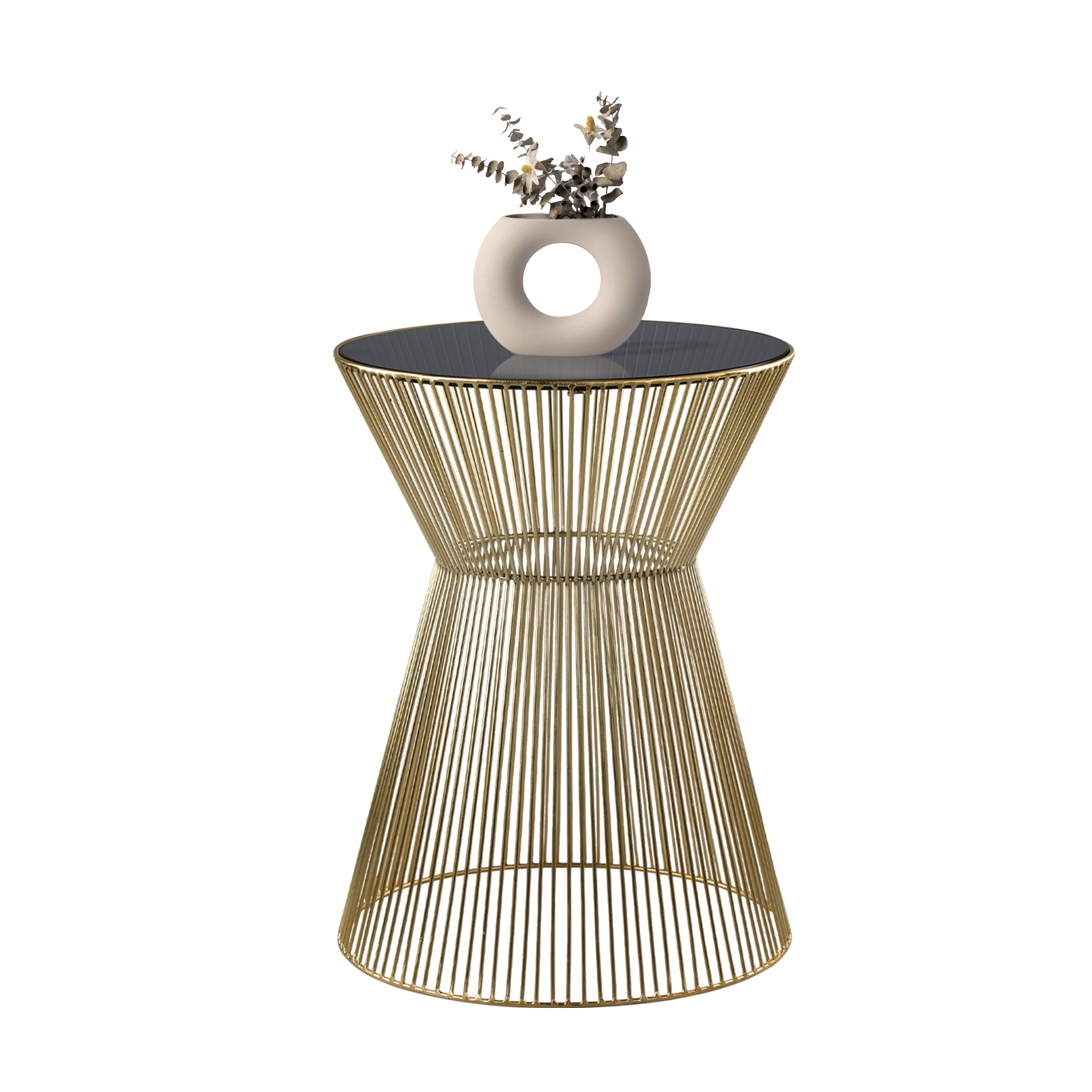 Tisch mit goldenen Streben, konisch geformt, mit schwarzer Tischplatte und einer Vase darauf.