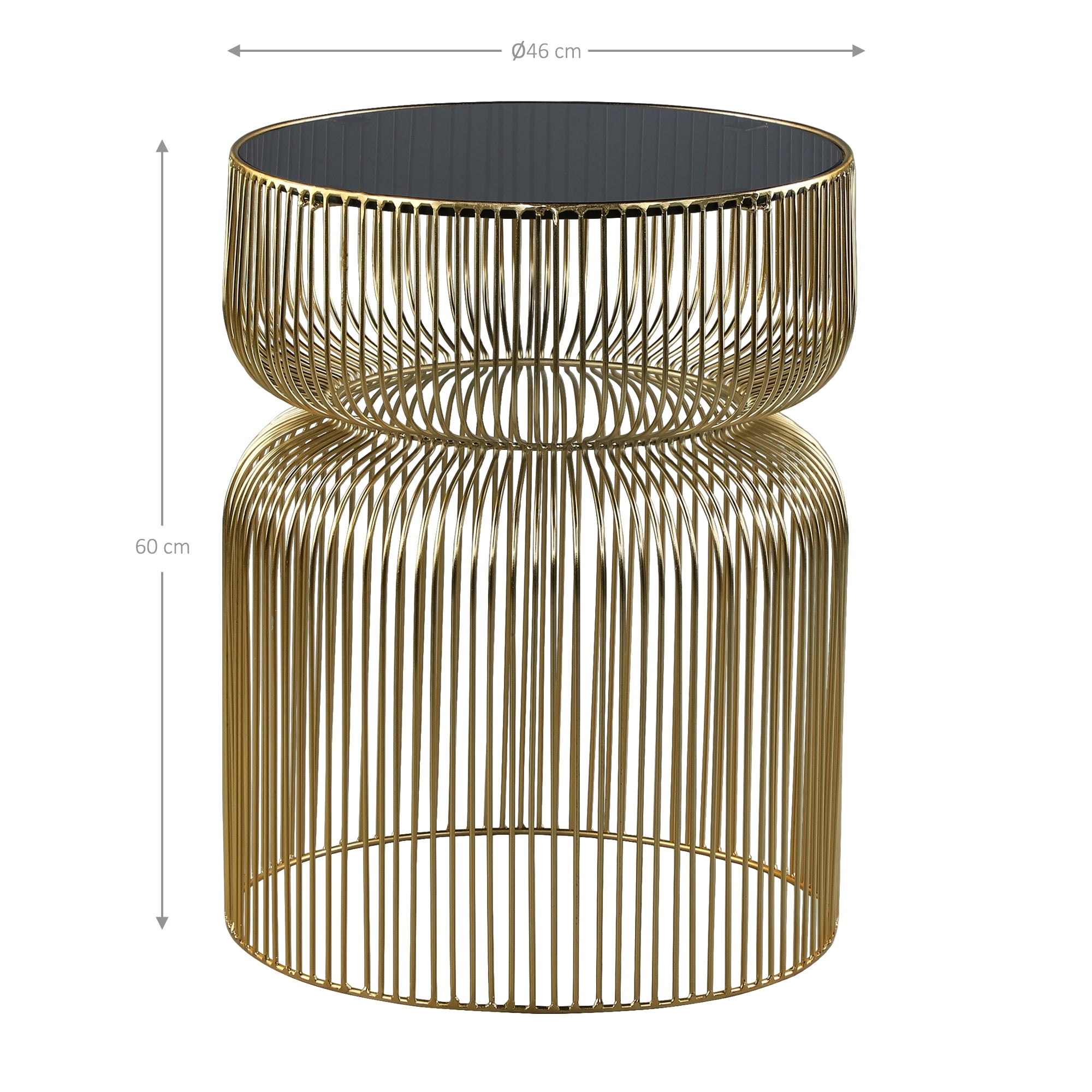 Table avec des traverses verticales dorées et un plateau noir, hauteur 60 cm, diamètre 46 cm.